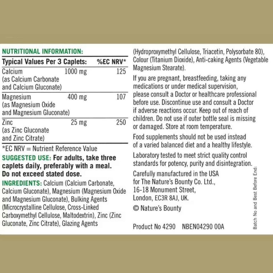 image 1 of Nature's Bounty Calcium Magnesium & Zinc Caplets 100