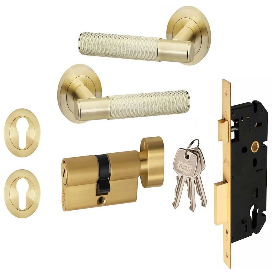 image 1 of Golden Grace 1 Pair Modern Knurled T-Bar Euro Lock Door Handles in Satin Brass Finish with 70mm Key and Thumbturn Barrell Gold