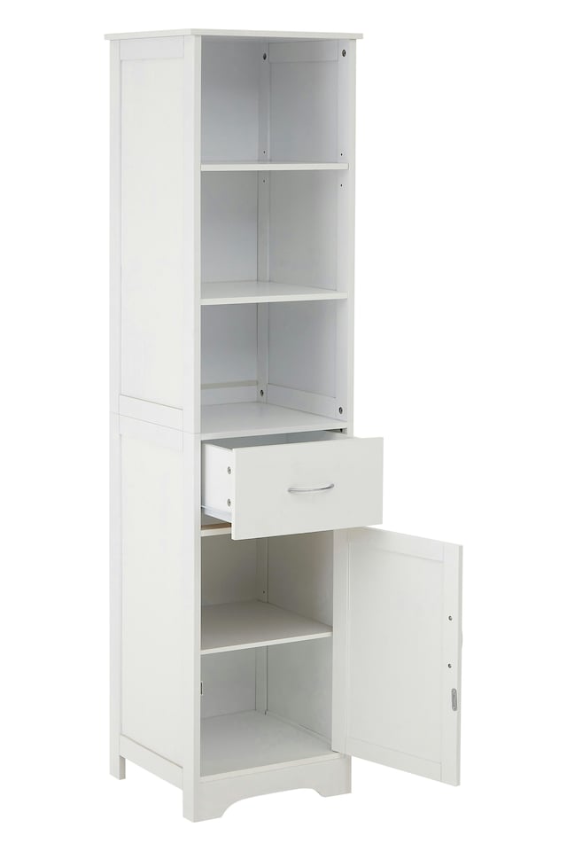 image 1 of Orsina Tall White Display Cabinet With Drawer & Shelves, Narrow Storage Unit, White Storage Cabinet For Daily Use