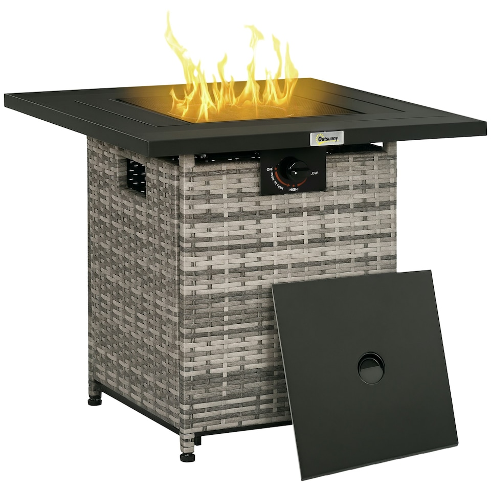 image 1 of Outsunny Fire Pit Table w/ Rain Cover, Mesh Lid & Lava Stone, 40,000 BTU