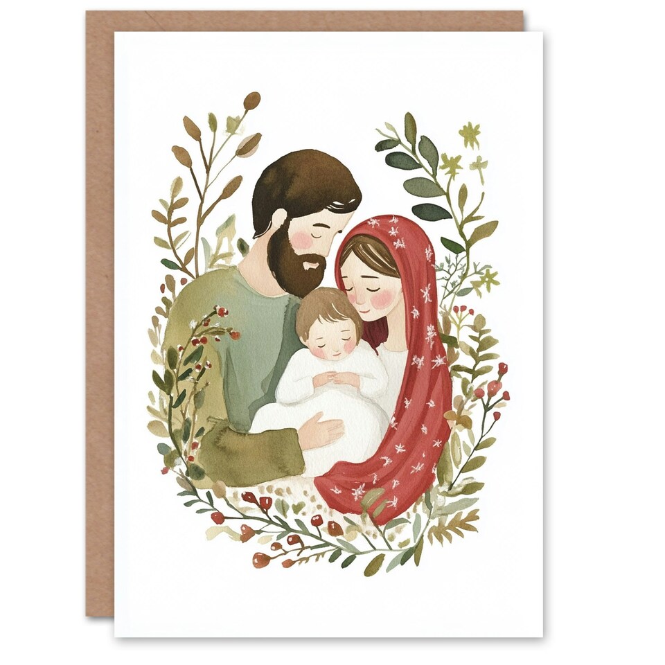 image 1 of Baby Jesus Mary Joseph Wreath Blank For Him Or Her Art Xmas Festive Christmas Card