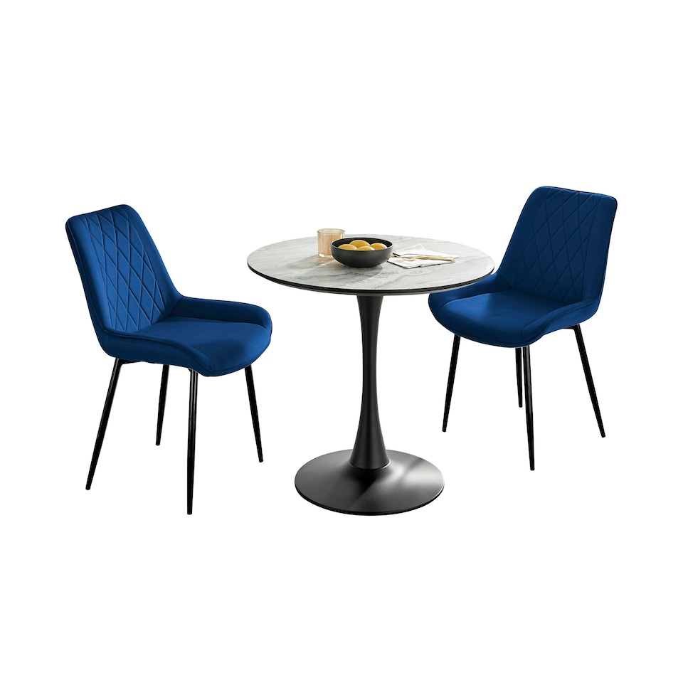 image 1 of Furniturebox Elina White Marble Effect Round Dining Table & 2 Navy Pesaro Black Leg Chairs