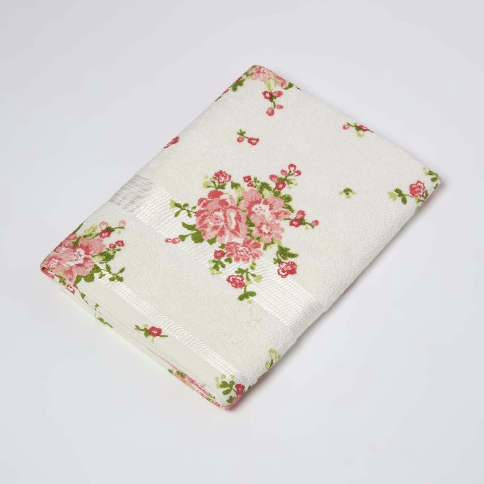 image 1 of Homescapes Floral Printed Cream Bath Towel Cotton