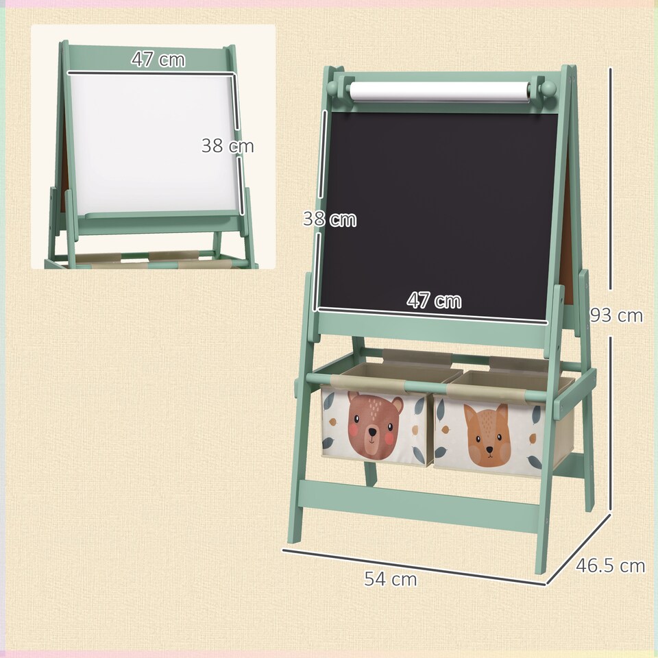 image 1 of AIYAPLAY Kids Easel with Paper Roll, Blackboard, Whiteboard, Storage, Green