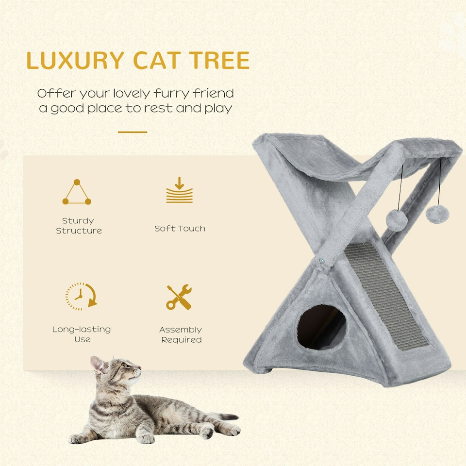 image 1 of PawHut Two Tier Plush Folding Cat Tree Tower with Scratching Post Grey
