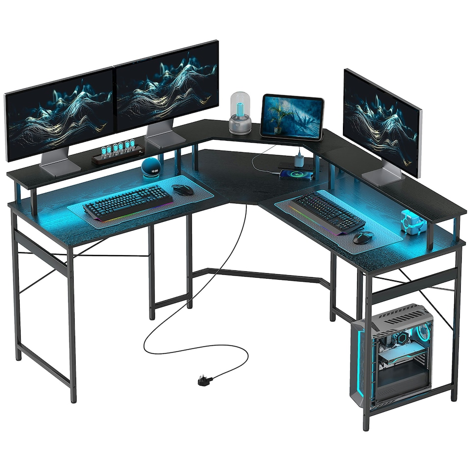 image 1 of HOMCOM L Shaped Desk Corner Computer Desk with Monitor Stand, Black Black