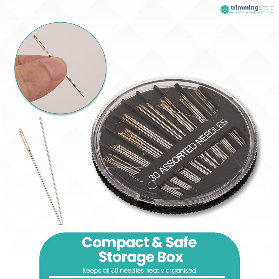 image 1 of 30 Assorted Hand Sewing Needles Set, Stainless Steel Needles in Round Case