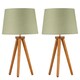 image 7 of Set of 2 Dark Oak Table Lamp or Bedside Lights with Sage Green Shades | Brown | Green | Large | 2