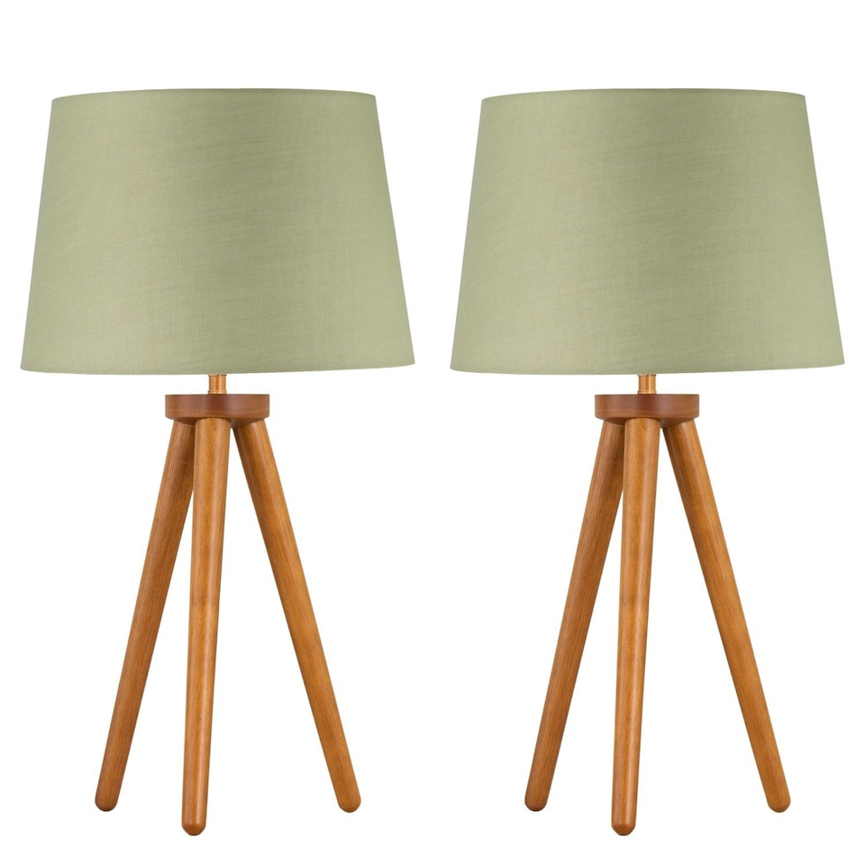 image 1 of Set of 2 Dark Oak Table Lamp or Bedside Lights with Sage Green Shades | Brown | Green | Large | 2