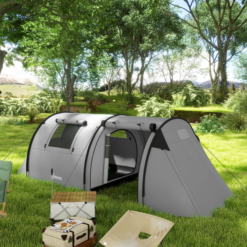 image 1 of Outsunny 3-4 Man Camping Tent, Large Family Tunnel Tent with Bedroom and Living Room, 3000mm Waterproof, Portable with Bag, for Fishing Hiking Festival, Grey | Grey | Grey