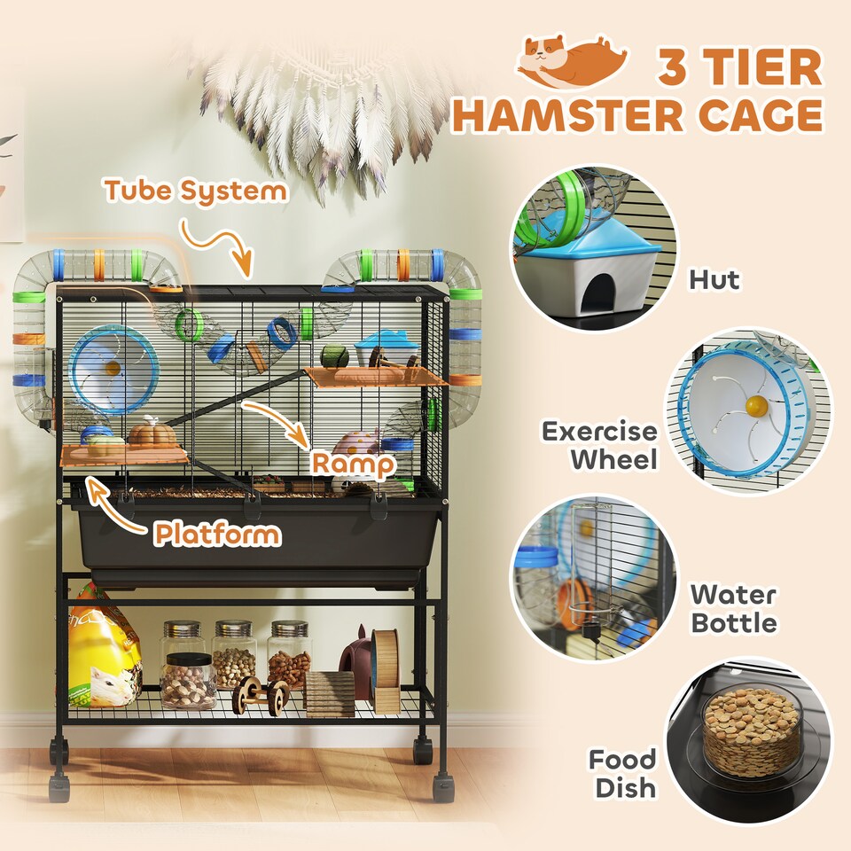 image 1 of PawHut Hamster Cage, 3 Tier Gerbil Cage on Wheels with Storage Shelf
