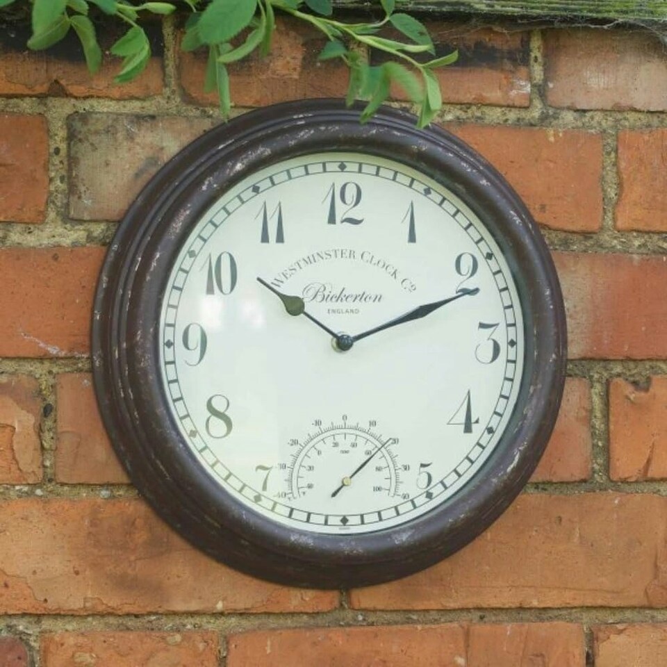 image 1 of Marco Paul 30cm Distressed Wall Clock and Thermometer Brown