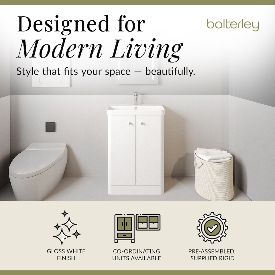 image 1 of Modern Bathroom Floor Standing 2 Door Vanity Unit Basin, White, 605mm | White | Gloss White | 355 x 605 x 864mm