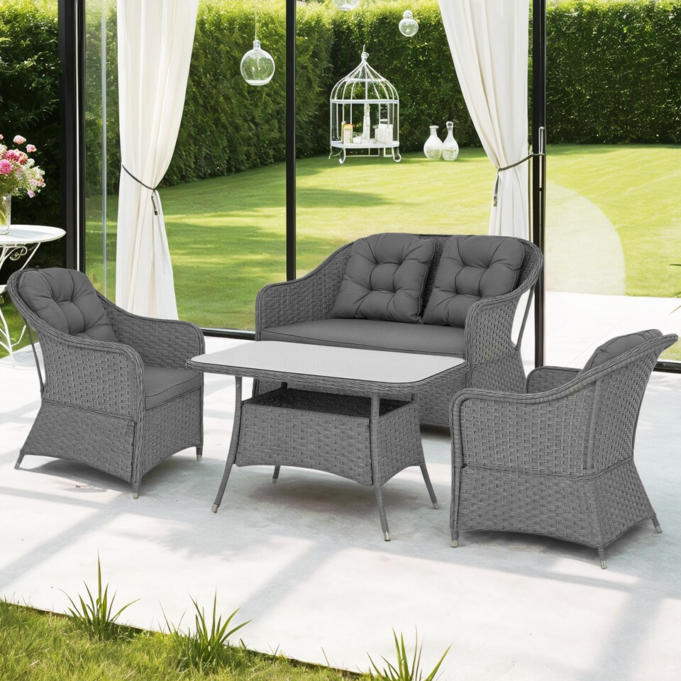 image 1 of Outsunny 4 Pieces Rattan Garden Furniture Set, Round Wicker Garden Sofa Set with Loveseat, Armchairs and Glass Top Table, Outdoor Conservatory Furniture with Cushions for Patio, Balcony, Light Grey
