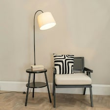 ValueLights Crowther Dark Wood Side Table Shelved Tripod Floor Lamp with Fabric Shade & Bulb Black