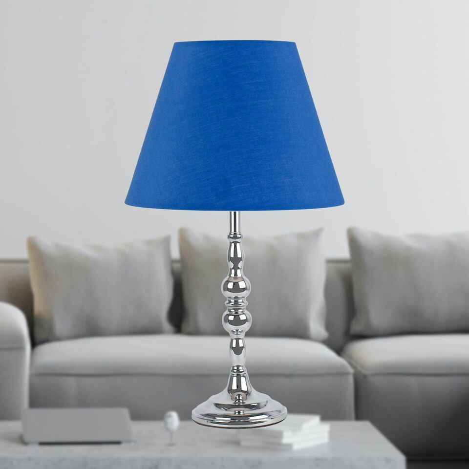 image 1 of Chrome Table Lamp with Decorative Stem and Royal Blue Shade Chrome | Blue