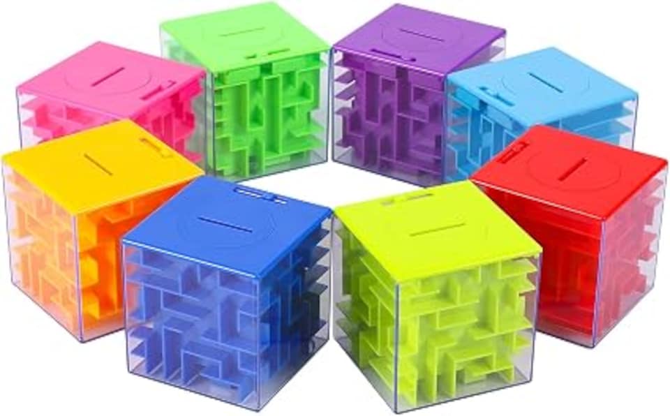 image 1 of London Boutique 8PCS 3D Maze Money Puzzle Box, Rolling Ball Brain Teaser Piggy Bank, Solid Color Maze Cube Gift for Kids Teens Adults