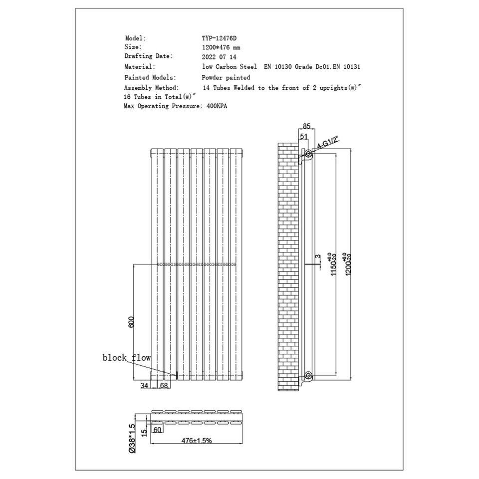 image 1 of Typhoon Axis Horizontal Double Panel Bathroom Radiator - Black (H) 476mm x (W) 1200mm