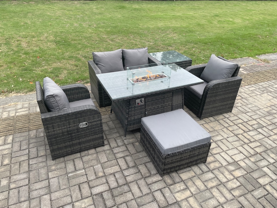image 1 of Fimous Rattan Outdoor Garden Furniture Set Gas Fire Pit Dining Table with Side Table Chair Love seat Sofa Footstool