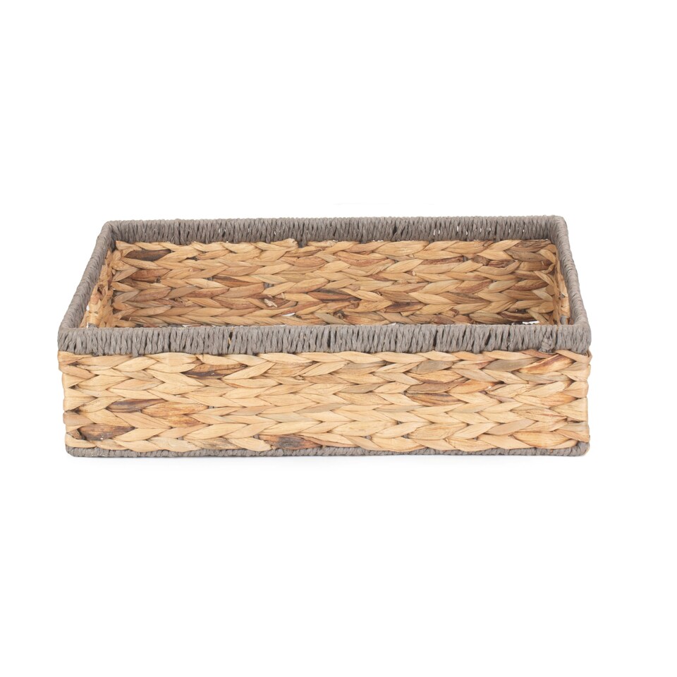 image 1 of Shallow Rectangular Water Hyacinth with Grey Rope Border Storage Basket Brown | Brown | L