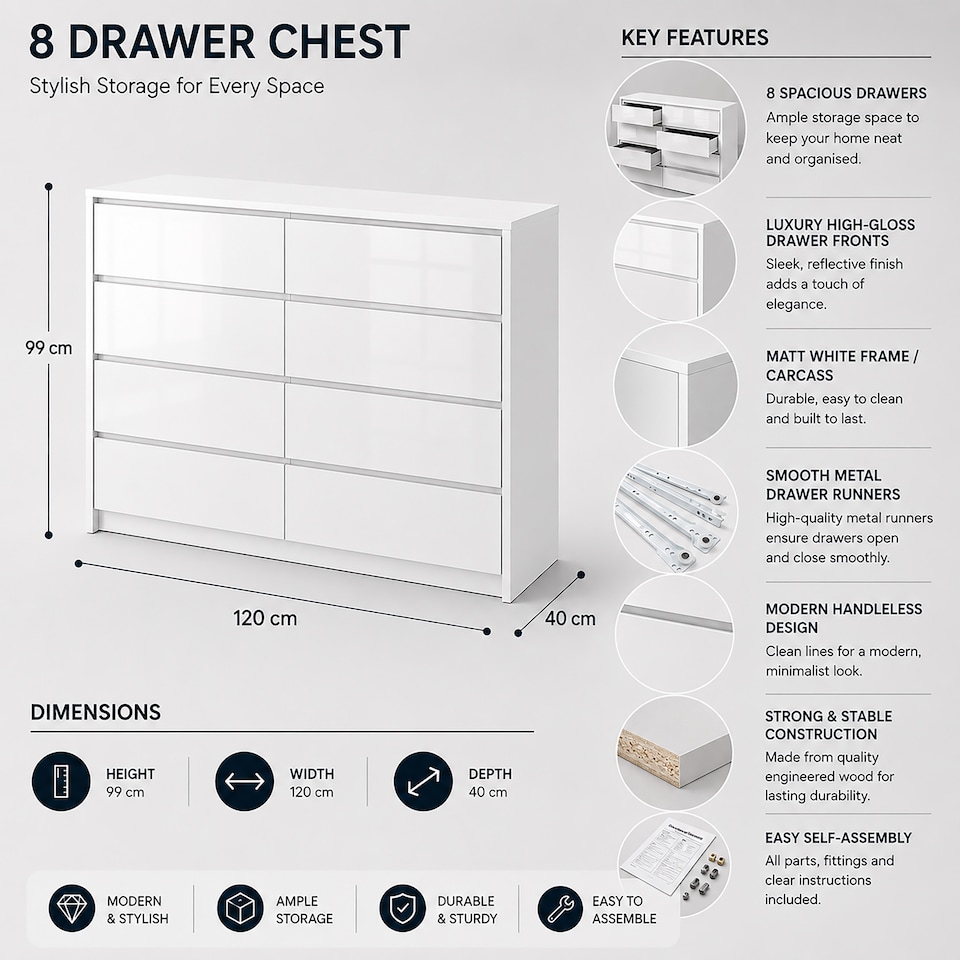 image 1 of LUXURY White 8 Drawer High Gloss Chest of Drawers - Handleless Sleek Design