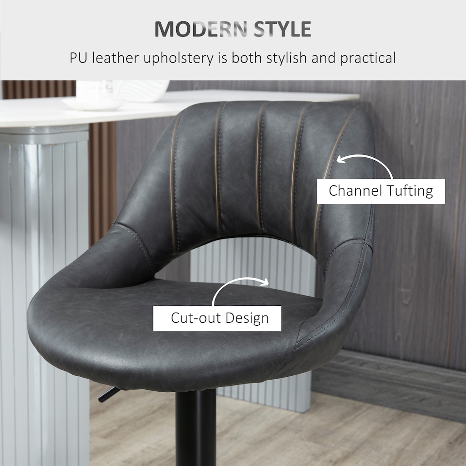 image 1 of HOMCOM Bar Stools Set of 2, Swivel Barstools with Adjustable Height, Backrest and Footrest,  Modern PU Leather Upholstered Breakfast Bar Chairs for Kitchen Island, Counter, Dining Room, Grey