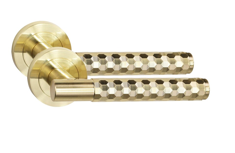 image 1 of Golden Grace 5 Pair Knurled Hex Cut T-Bar Door Handle Satin Brass Finish with Spindle and Screws