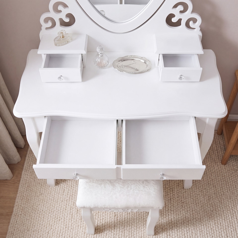 image 1 of Dressing Table with Heart Shaped Mirror and Stool Makeup Vanity Mirror Hollywood Table
