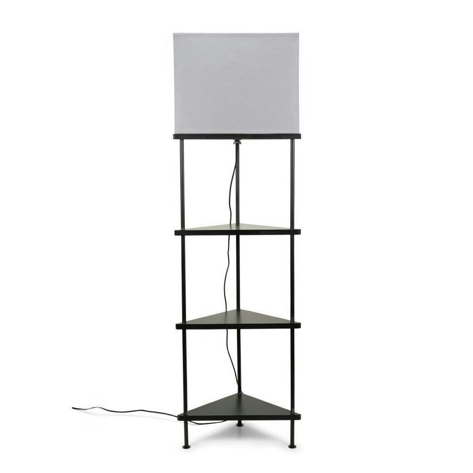 image 1 of ValueLights Taska Black Wooden 3 Tier Corner Floor Lamp with Grey Fabric Shade and Storage Shelves - Bulb Included Black