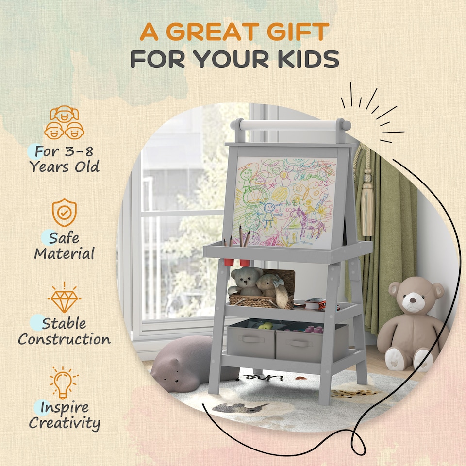 image 1 of AIYAPLAY Art Easel for Kids with Paper Roll, 3 in 1 Kids Easel Double-Sided Magnetic Whiteboard and Chalkboard with Storage Baskets, for Children 3-6 Years | Grey | Grey