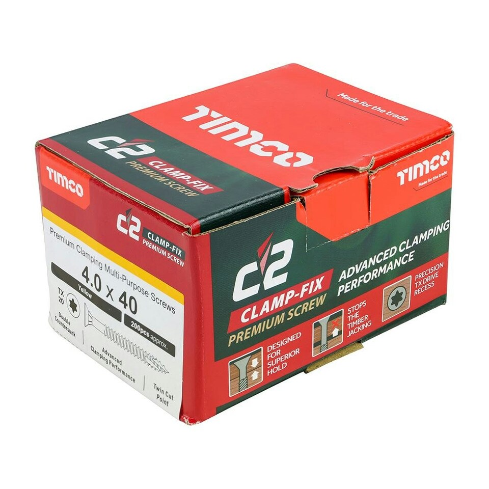 image 1 of Timco - C2 Clamp-Fix Multi-Purpose Premium Screws - TX - Double Countersunk - Yellow (Size 4.0 x 40 - 200 Pieces)
