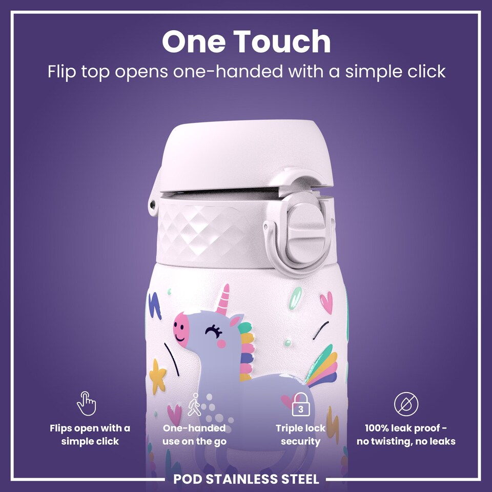 image 1 of Leak Proof Kids Water Bottle, Stainless Steel, 400ml (13oz) | Pink | Unicorn | One Size