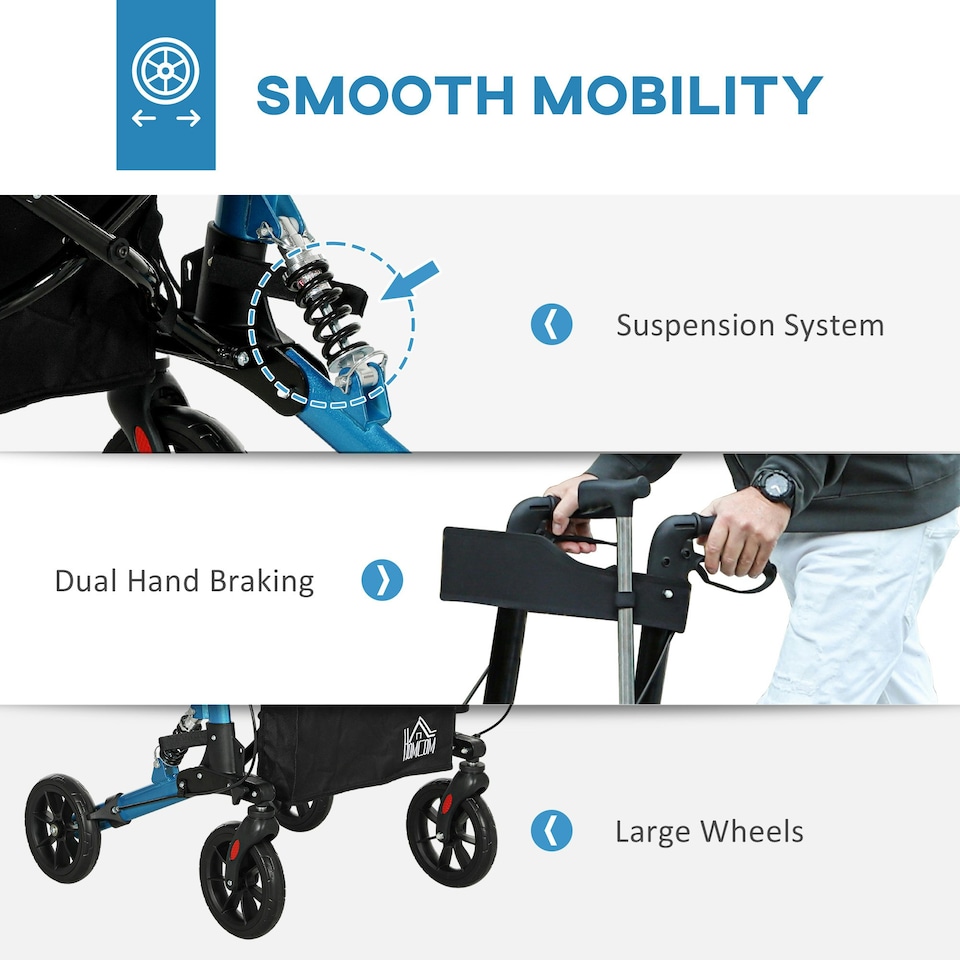 image 1 of HOMCOM Folding Rollator Walker with Seat, Backrest, Bag, 4 Wheels, Blue