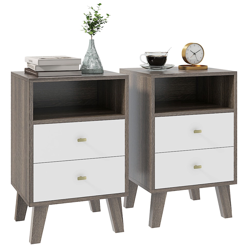 image 1 of HOMCOM Bedside Tables Set of 2, Modern Nightstand with 2 Drawers and Open Cubby, Sofa Side End Table for Bedroom, 40 x 34 x 64cm, Grey