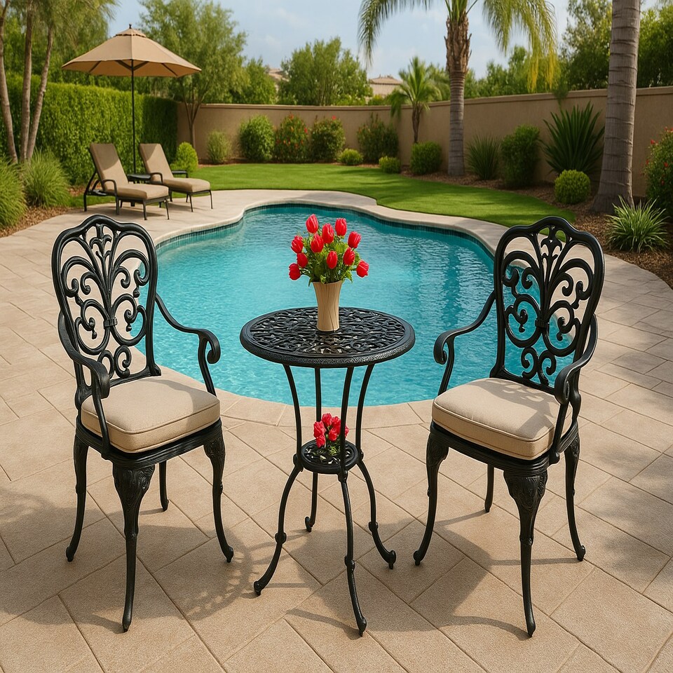 image 1 of Centurion Supports BANGUI Black Garden and Patio Table and 2 Chairs Cast Aluminium Bistro Set