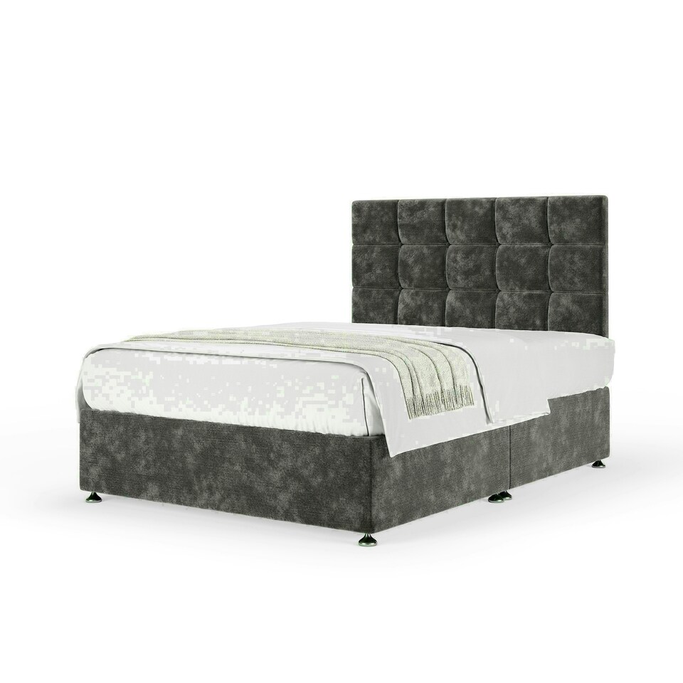Charcoal Chenille No Drawer Divan Base and Pearl Headboard Double