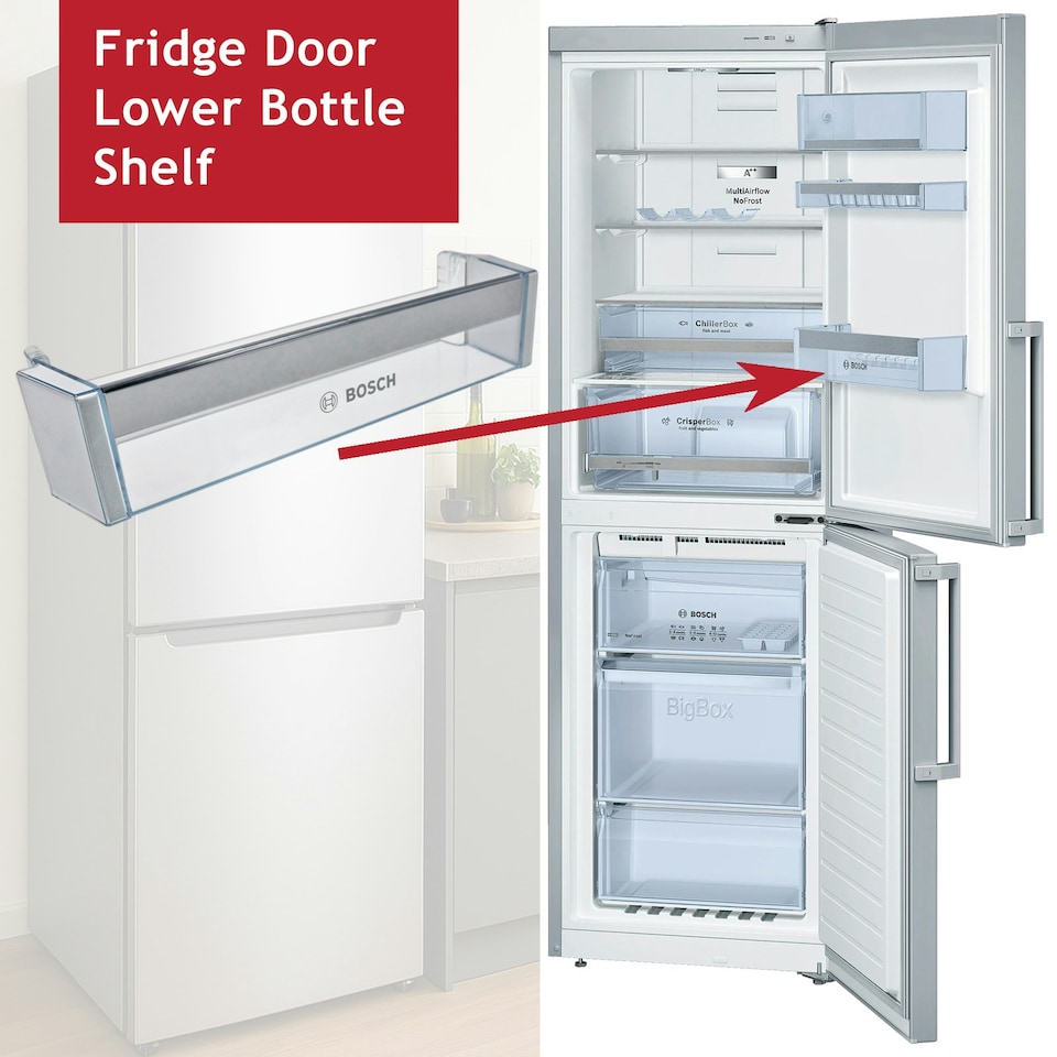 image 1 of Bosch Fridge Freezer Lower Door Bottle Shelf Rack KGN34X KGN36X KGN36Y KGN39X Clear