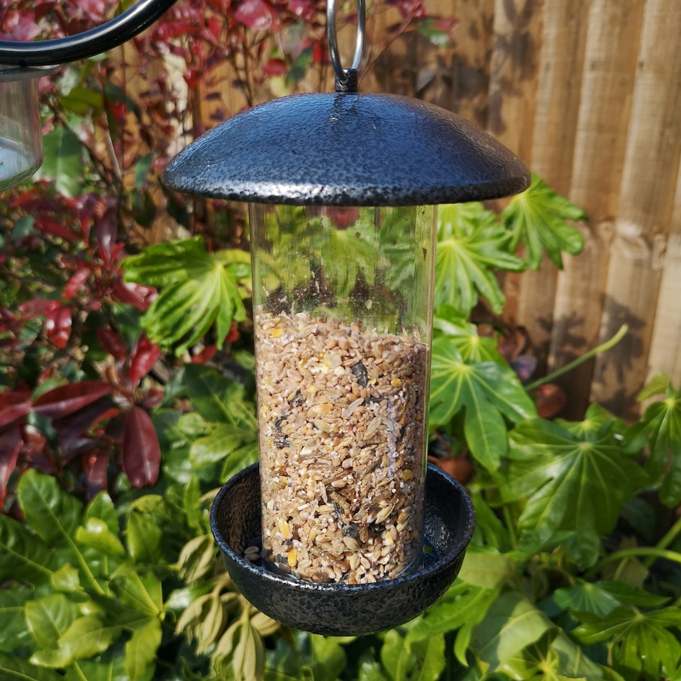 image 1 of Tom Chambers 2 Port Garden Wild Bird Hanging Hammered Steel Black and Silver Seed Feeder