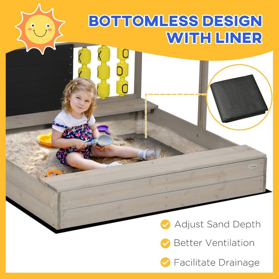 image 1 of Outsunny Kids Wooden Sandpit, Sandbox w Canopy, Seats, for Gardens - Grey