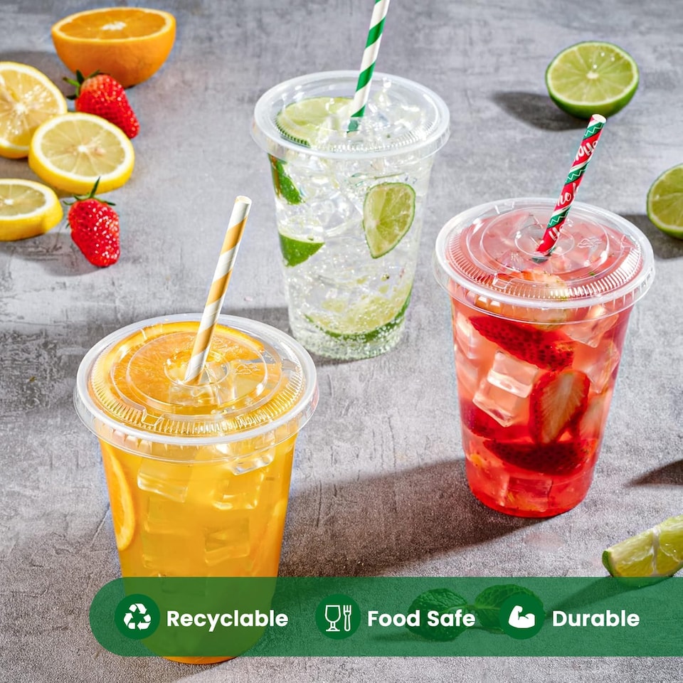 image 1 of ECONX 16oz Clear Plastic Smoothie Cups with Flat Lids Reusable for Smoothies, Juice, Milkshakes 50pk