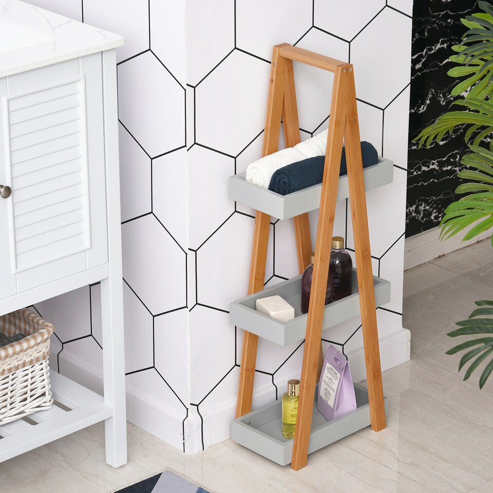 image 1 of kleankin Bathroom Storage Shelves, 3-Tier Slim Shelving Unit, Freestanding Bamboo Shelf Unit, A Frame Space Saver Toilet Rack, Natural