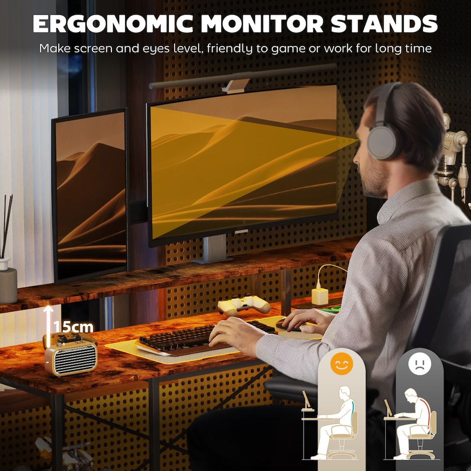 image 1 of HOMCOM L Shaped Gaming Desk with LED Lights and Power Outlets, 150cm Corner Computer Desk with Monitor Stand and Storage Shelves, Home Office Desk for Small Space, Rustic Brown