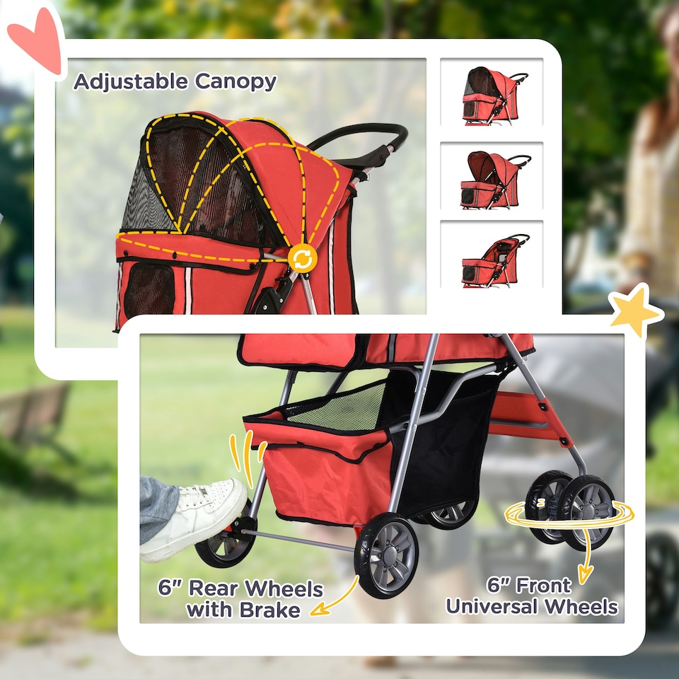 image 1 of PawHut Pet Stroller Carrier Foldable Deluxe Jogger Walk Travel Dog Cat Red