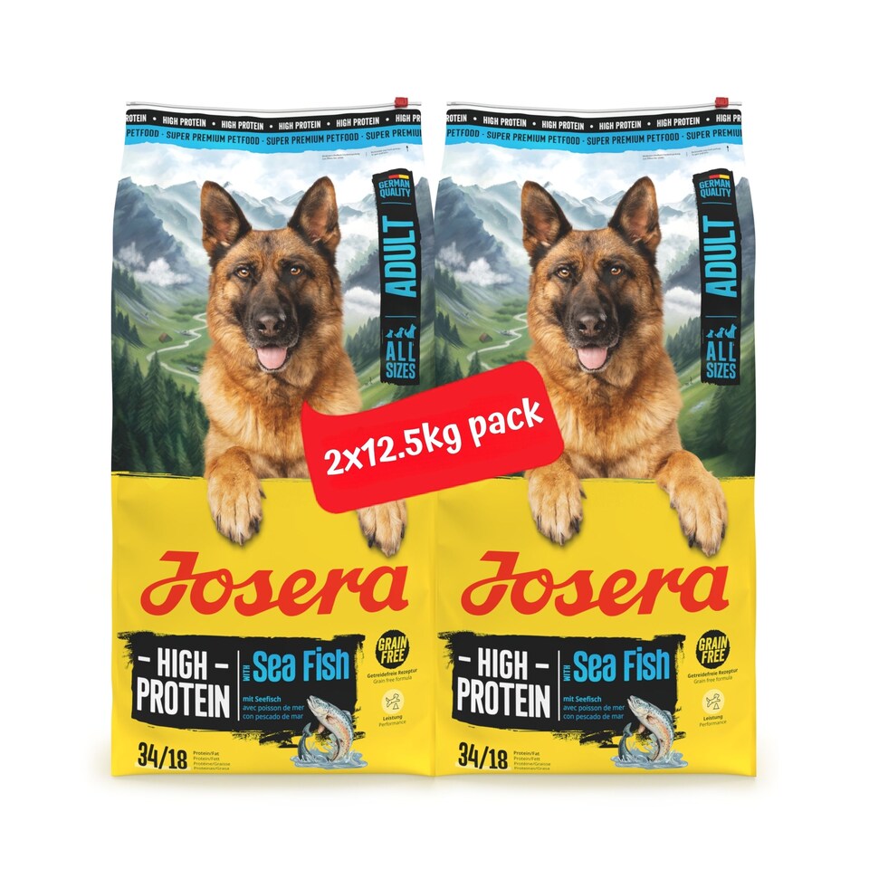 image 1 of Josera High Protein Adult Sea Fish complete dry food | For active, working and sporting dogs | Grain-free | Lots of meat | Herbs & Fruits | 2x12.5kg pack