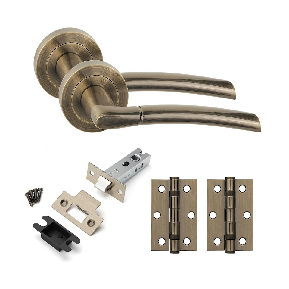 image 1 of Golden Grace 1 Set Indiana Design Door Handles in Antique Brass Finish with Tubular Latch and 1 Pair of 3" Ball Bearing Hinges | Gold | 1 Set