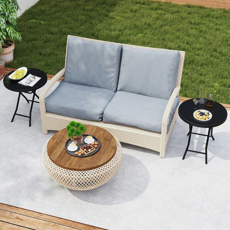 image 1 of COSTWAY Folding Glass Table Portable Patio Coffee Table Black