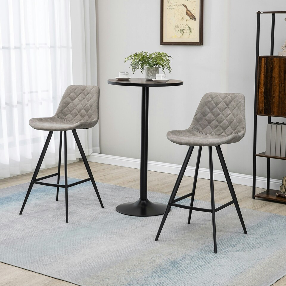 image 1 of HOMCOM Set Of 2 Bar Stools Vintage Microfiber Cloth Tub Seats Padded Steel Grey