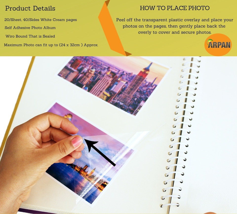 image 1 of ARPAN Large Self Adhesive Photo Album – 20 Sheets / 40 Sides – Holds Various Sized Photos up to A4 Size – Sticky Page Memory Scrapbook Album