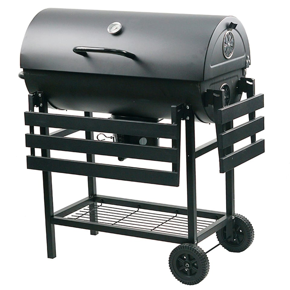 image 1 of Large Charcoal Oil Drum BBQ Grill Portable Barrel Barbecue With Lid Wheels Side Table