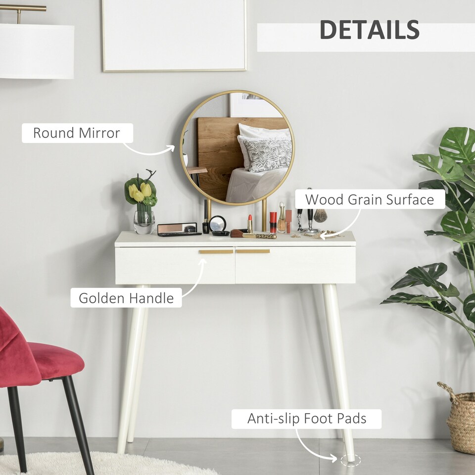 image 1 of HOMCOM Modern Dressing Table w/ 2 Drawers Round Mirror for Bedroom White